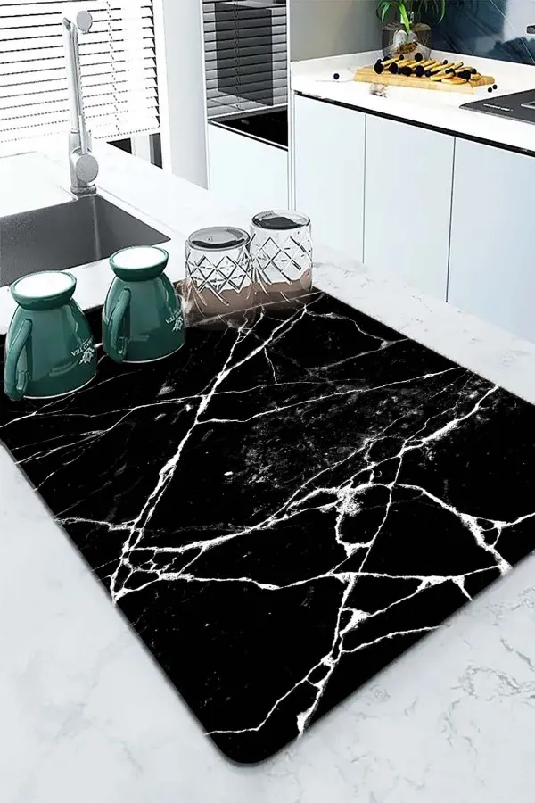 Mermer Görünümlü Siyah Bulaşık Süzme Matı Siyah Mermer Görünümlü Microfiber Bulaşık Kurutma Matı MM012