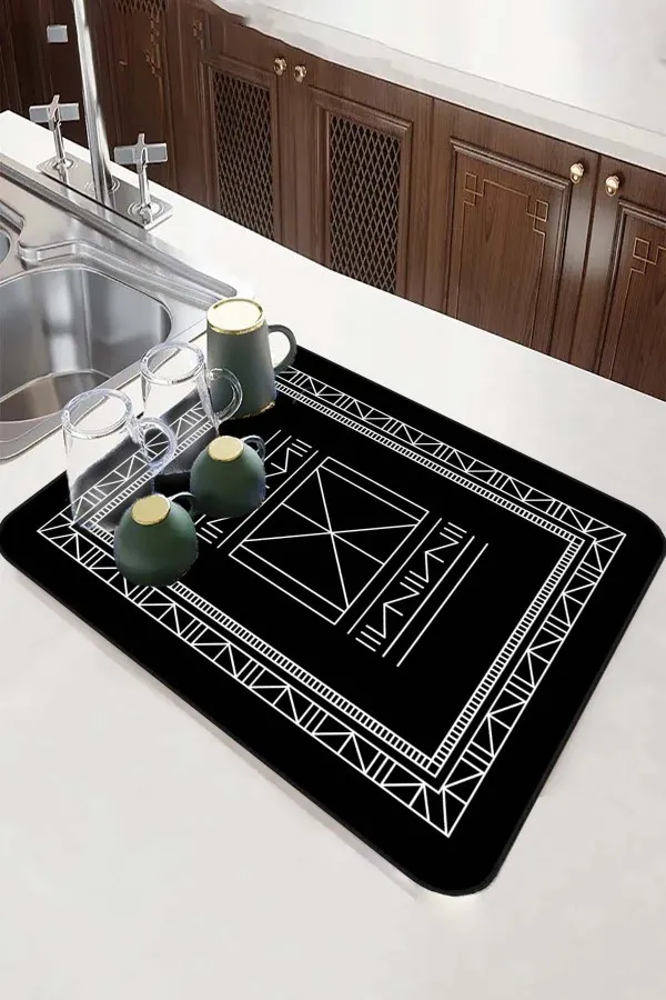 Etnik Siyah Kurutma Matı Siyah Etnik Microfiber Bulaşık Kurutma Kurulama Matı MM014