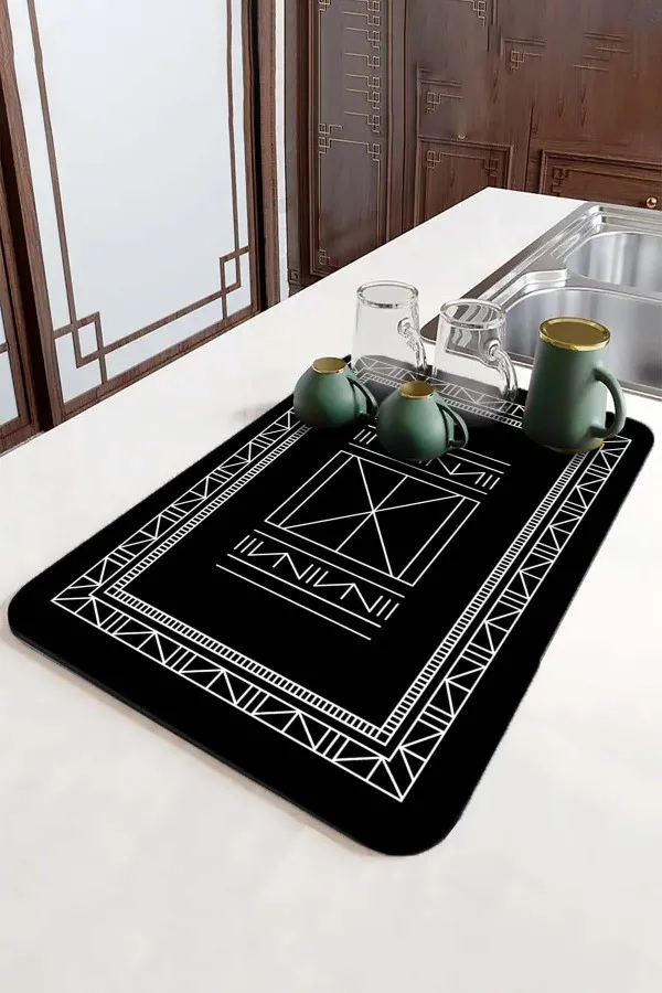 Etnik Siyah Kurutma Matı Siyah Etnik Microfiber Bulaşık Kurutma Kurulama Matı MM014