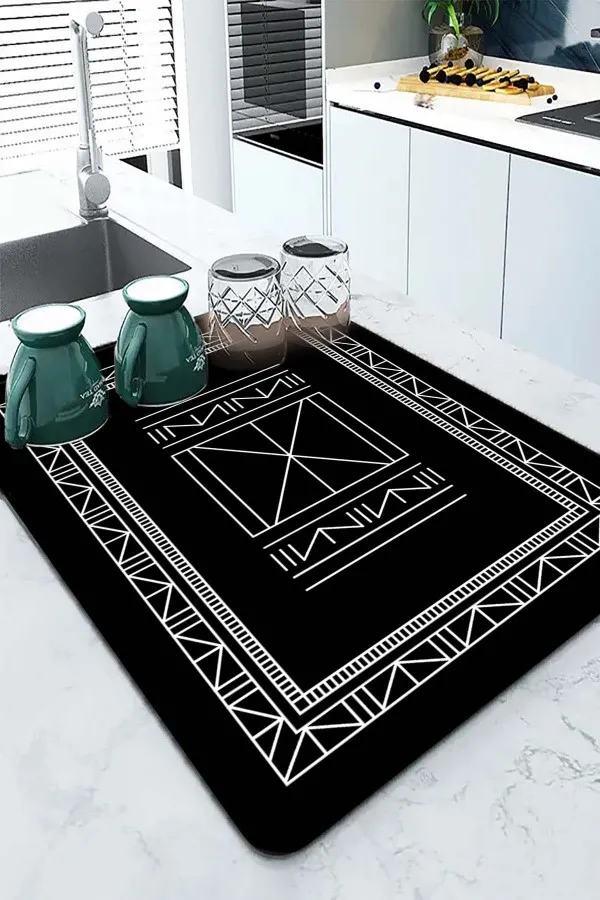 Etnik Siyah Kurutma Matı Siyah Etnik Microfiber Bulaşık Kurutma Kurulama Matı MM014