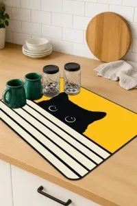 Sarı Kedi Temalı Microfiber Bulaşık Kurutma Matı MM015 Sarı Kedi Temalı Microfiber Bulaşık Kurutma Matı MM015