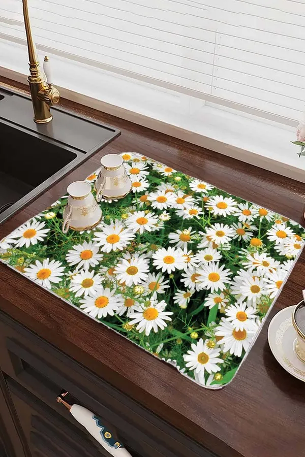 Çiçekli Yeşil Bulaşık Kurutma Pedi Yeşil Çiçekli Microfiber Bulaşık Kurutma Kurulama Matı MM016