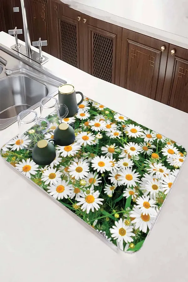 Çiçekli Yeşil Bulaşık Kurutma Pedi Yeşil Çiçekli Microfiber Bulaşık Kurutma Kurulama Matı MM016