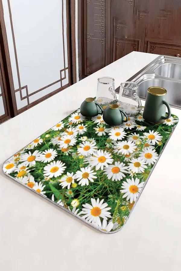 Çiçekli Yeşil Bulaşık Kurutma Pedi Yeşil Çiçekli Microfiber Bulaşık Kurutma Kurulama Matı MM016