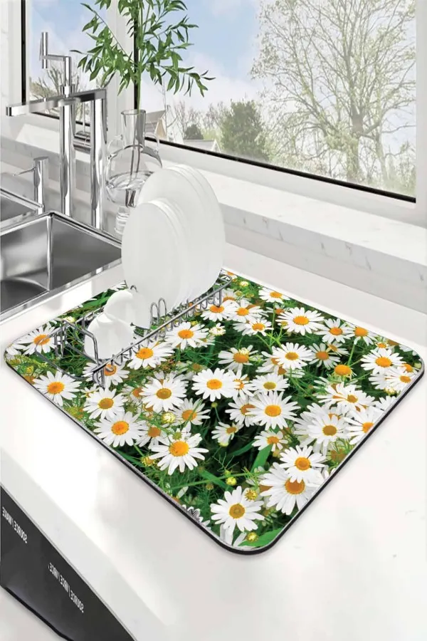 Çiçekli Yeşil Bulaşık Kurutma Pedi Yeşil Çiçekli Microfiber Bulaşık Kurutma Kurulama Matı MM016