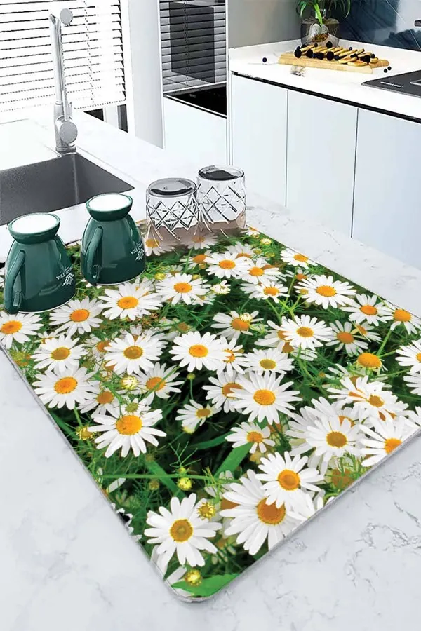 Çiçekli Yeşil Bulaşık Kurutma Pedi Yeşil Çiçekli Microfiber Bulaşık Kurutma Kurulama Matı MM016