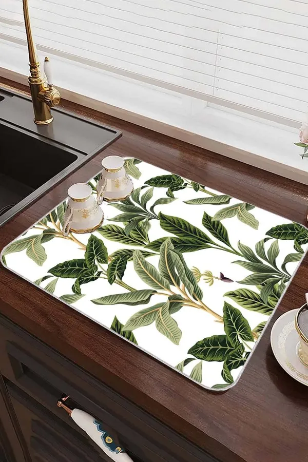 Çiçekli Yeşil Bulaşık Süzme Matı Yeşil Çiçekli Microfiber Bulaşık Kurutma Kurulama Matı MM017