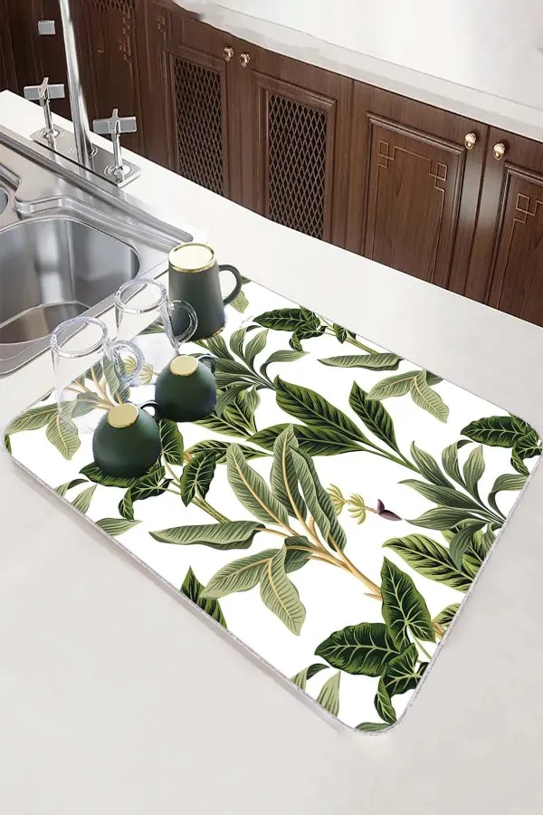Çiçekli Yeşil Bulaşık Süzme Matı Yeşil Çiçekli Microfiber Bulaşık Kurutma Kurulama Matı MM017