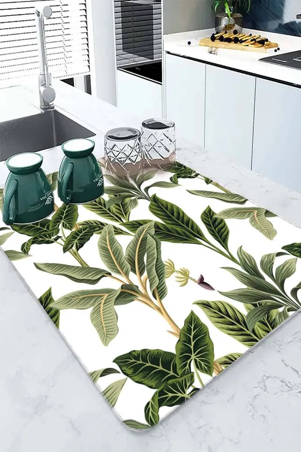 Çiçekli Yeşil Bulaşık Süzme Matı Yeşil Çiçekli Microfiber Bulaşık Kurutma Kurulama Matı MM017