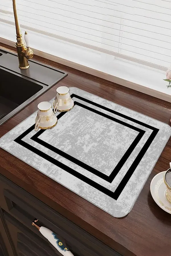 Çerçeveli Gri Bulaşıklık Matı Gri Çerçeveli Microfiber Bulaşık Kurutma Kurulama Matı MM018