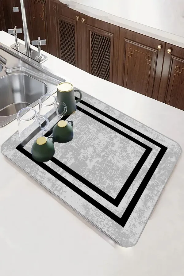 Çerçeveli Gri Bulaşıklık Matı Gri Çerçeveli Microfiber Bulaşık Kurutma Kurulama Matı MM018