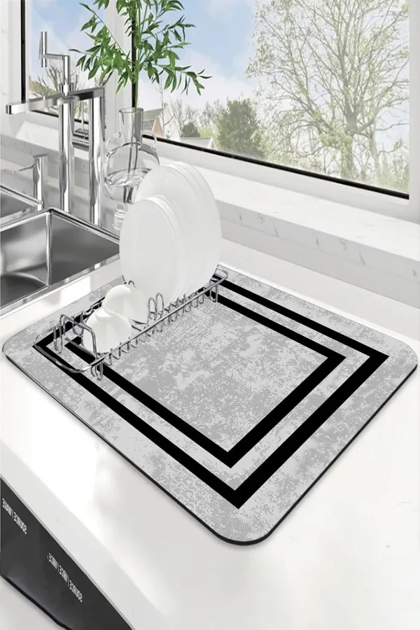 Çerçeveli Gri Bulaşıklık Matı Gri Çerçeveli Microfiber Bulaşık Kurutma Kurulama Matı MM018
