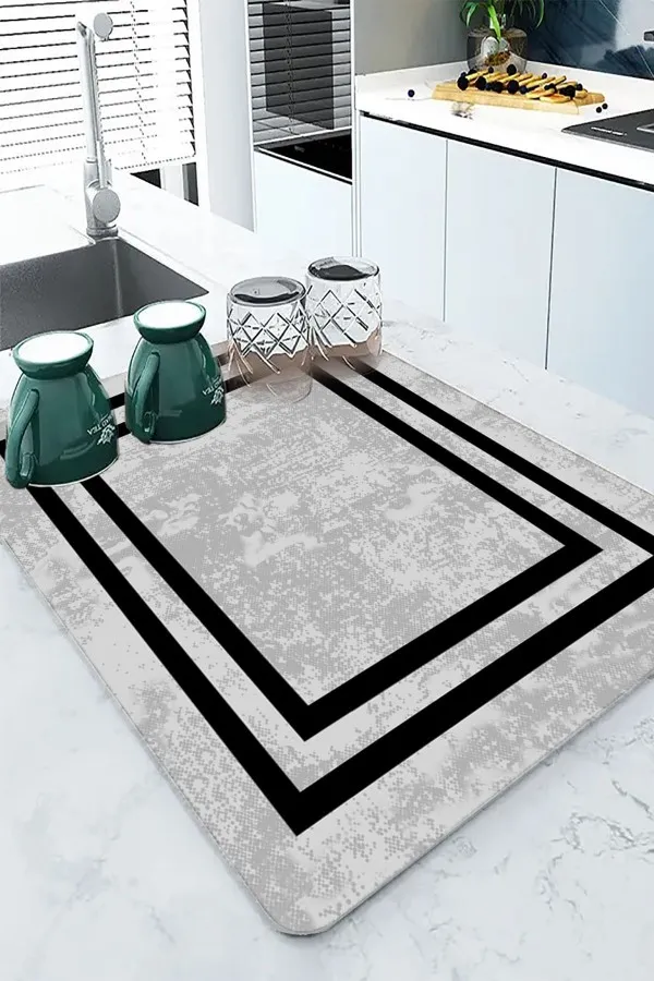 Çerçeveli Gri Bulaşıklık Matı Gri Çerçeveli Microfiber Bulaşık Kurutma Kurulama Matı MM018