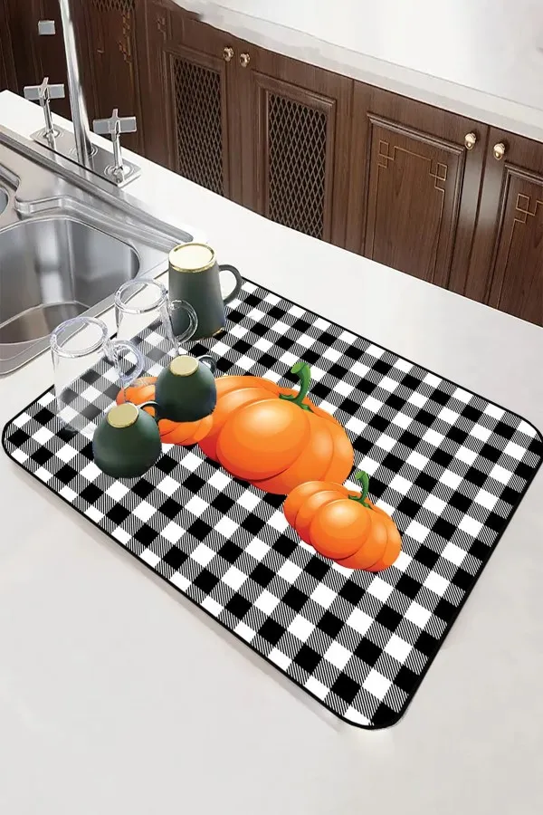 Bal Kabağı Temalı Turuncu Bulaşık Kurulama Matı Turuncu Bal Kabağı Microfiber Bulaşık Kurutma Matı MM021