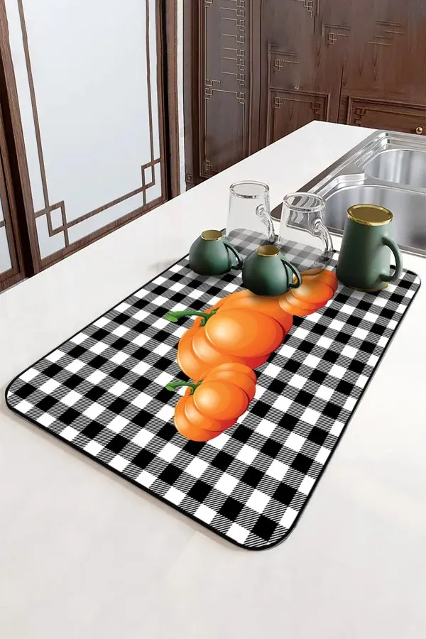 Bal Kabağı Temalı Turuncu Bulaşık Kurulama Matı Turuncu Bal Kabağı Microfiber Bulaşık Kurutma Matı MM021