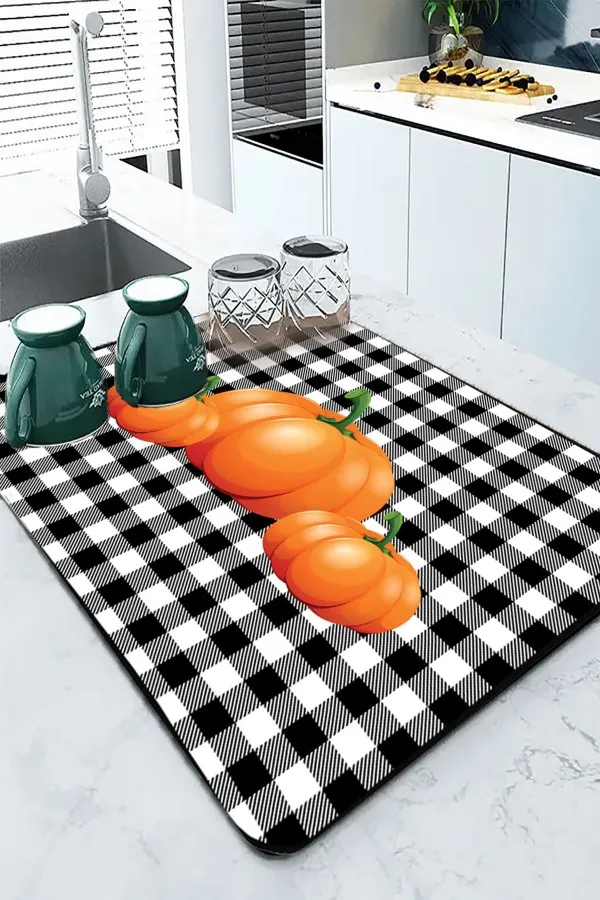 Bal Kabağı Temalı Turuncu Bulaşık Kurulama Matı Turuncu Bal Kabağı Microfiber Bulaşık Kurutma Matı MM021