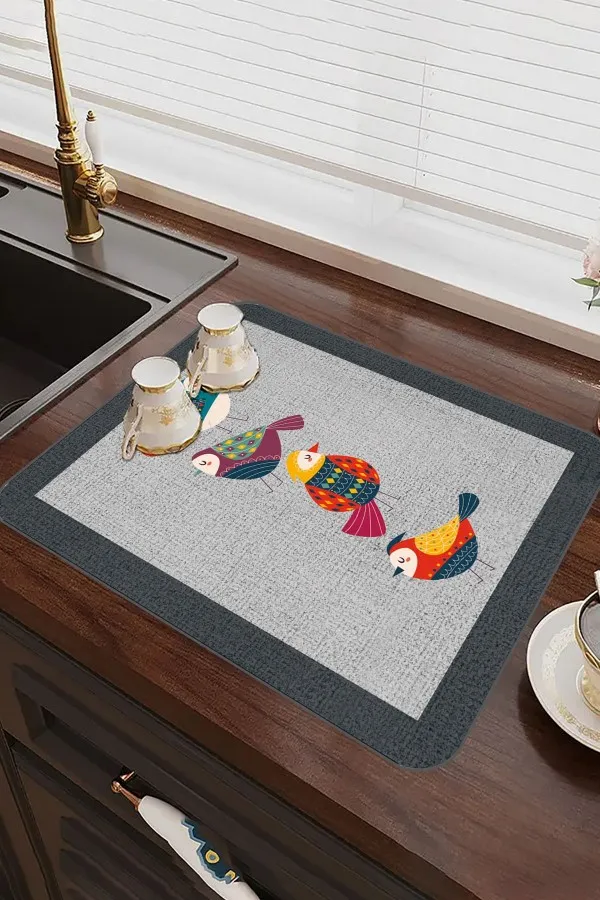 Papağanlı Gri Bulaşık Matı Gri Papağanlı Microfiber Bulaşık Kurutma Kurulama Matı MM022