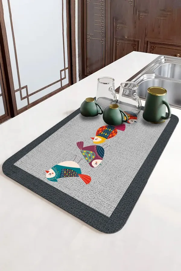 Papağanlı Gri Bulaşık Matı Gri Papağanlı Microfiber Bulaşık Kurutma Kurulama Matı MM022