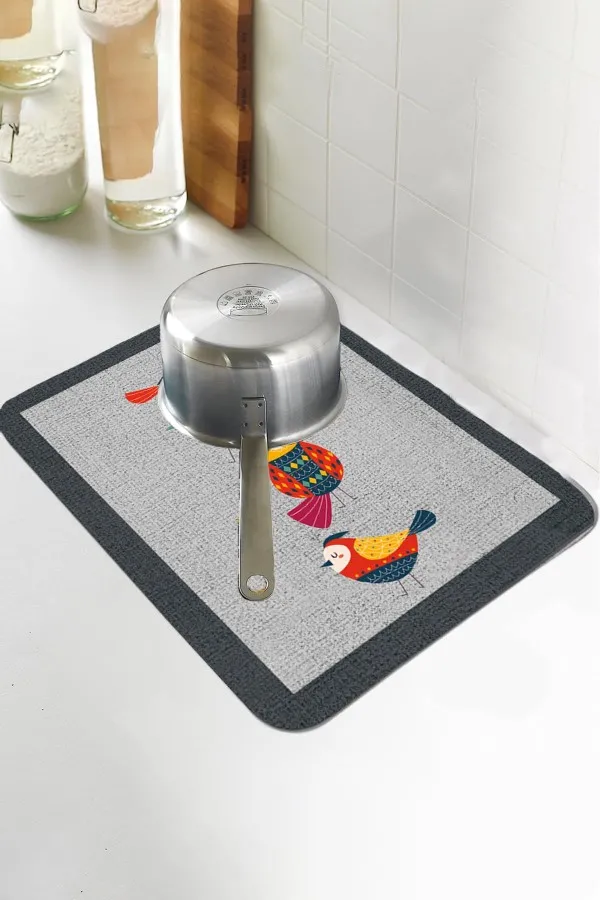 Papağanlı Gri Bulaşık Matı Gri Papağanlı Microfiber Bulaşık Kurutma Kurulama Matı MM022