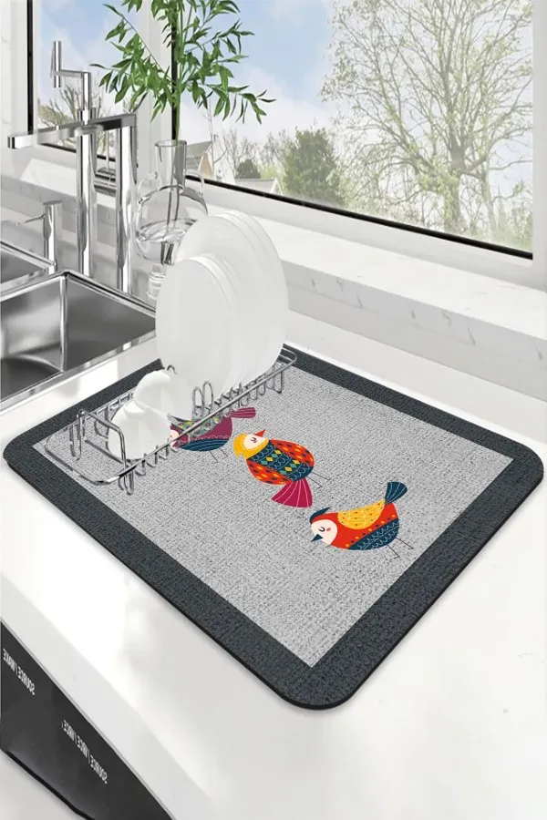 Papağanlı Gri Bulaşık Matı Gri Papağanlı Microfiber Bulaşık Kurutma Kurulama Matı MM022