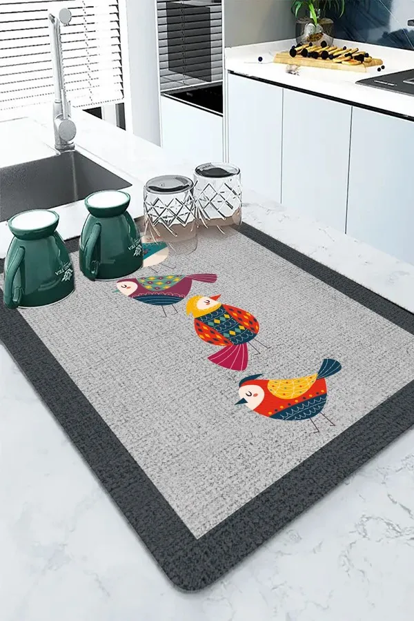Papağanlı Gri Bulaşık Matı Gri Papağanlı Microfiber Bulaşık Kurutma Kurulama Matı MM022