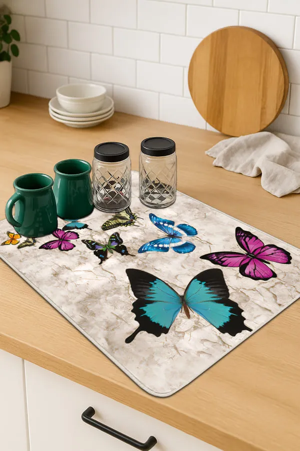 Çok Renkli Kelebekli Microfiber Bulaşık Kurutma Matı MM027