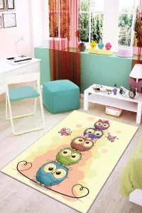 Sarı Kaymaz Tabanlı Yıkanabilir Baykuşlu Çocuk Halısı AR061 Sarı Kaymaz Tabanlı Yıkanabilir Baykuşlu Çocuk Halısı AR061