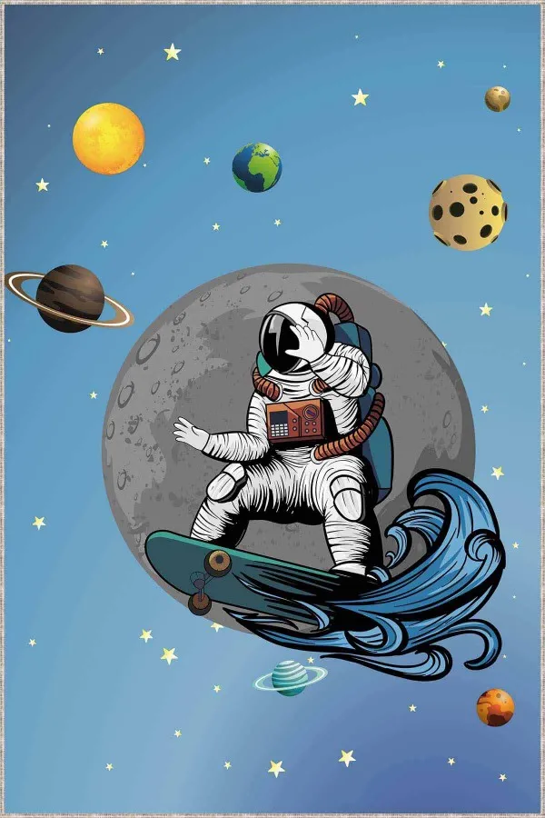 Halı Çocuk Halısı Mavi Kaymaz Taban Uzay Temalı Astronotlu Çocuk Halısı AR1007