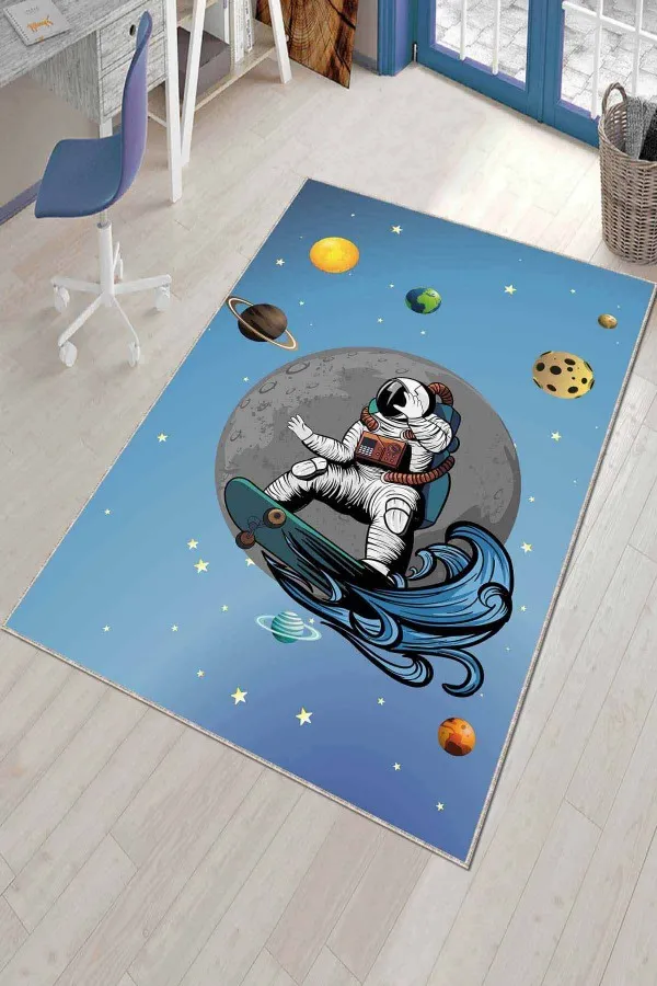 Halı Çocuk Halısı Mavi Kaymaz Taban Uzay Temalı Astronotlu Çocuk Halısı AR1007