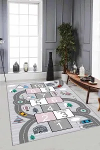 Gri Kaymaz Tabanlı Yollu Seksekli Çocuk Halısı AR1026 Gri Kaymaz Tabanlı Yollu Seksekli Çocuk Halısı AR1026