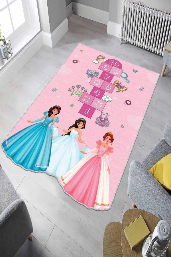 Pembe Çocuk Halısı Pembe Kaymaz Taban Prensesli Lazer Kesim Çocuk Halısı AR162