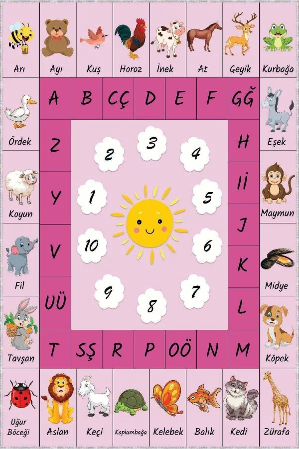 Pembe Kaymaz Tabanlı Eğitici Harfli Çocuk Halısı AR241