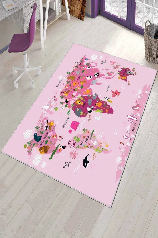 Eğitici Oyun Halısı Pembe Kaymaz Taban Dünya Haritası Eğitici Çocuk Halısı AR242