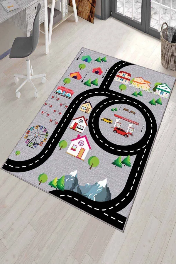 Yol Desenli Oyun Halısı Gri Kaymaz Tabanlı Otoyollu Oyun Halısı Çocuk Halısı AR287