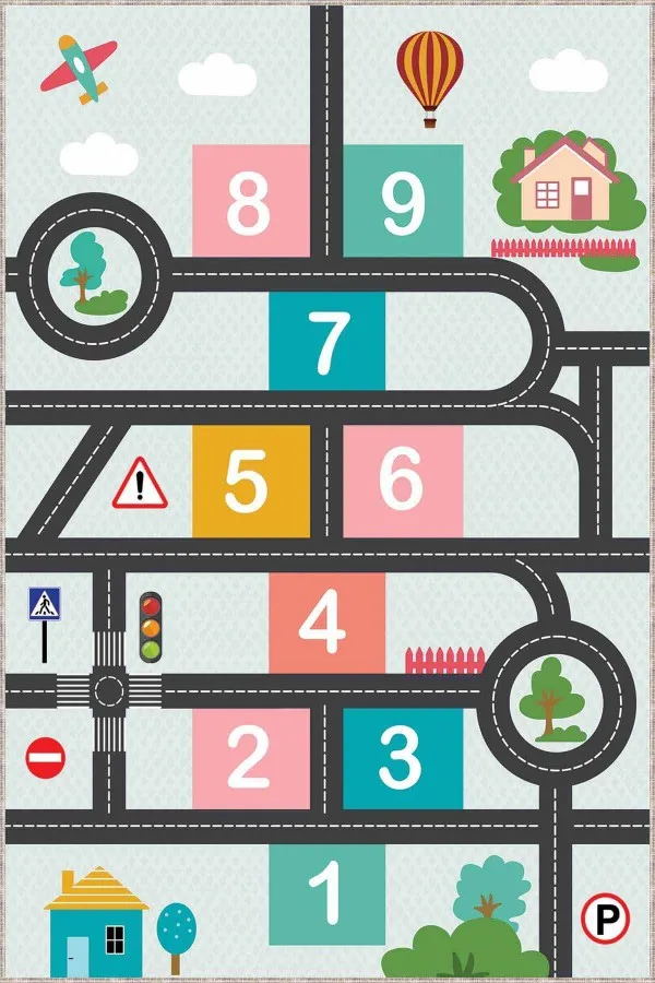 Yol Desenli Oyun Halısı Çok Renkli Kaymaz Tabanlı Yollu Seksekli Çocuk Halısı AR768