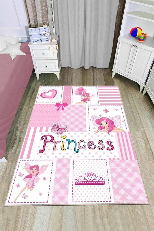 Pembe Çocuk Halısı Pembe Kaymaz Tabanlı Yıkanır Prensesli Çocuk Halısı AR775