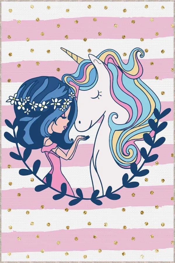Pembe Çocuk Odası Halısı Pembe Kaymaz Tabanlı Unicorn Prensesli Çocuk Halısı AR782