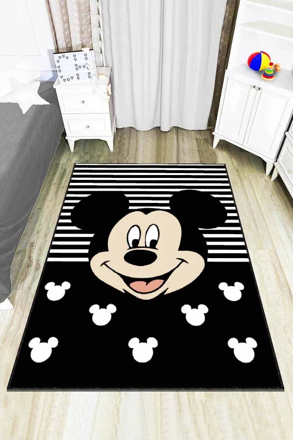 Çoçuk Odası Halı Fiyatları Siyah Kaymaz Tabanlı Yıkanan Miki Mouse Çocuk Halısı AR790
