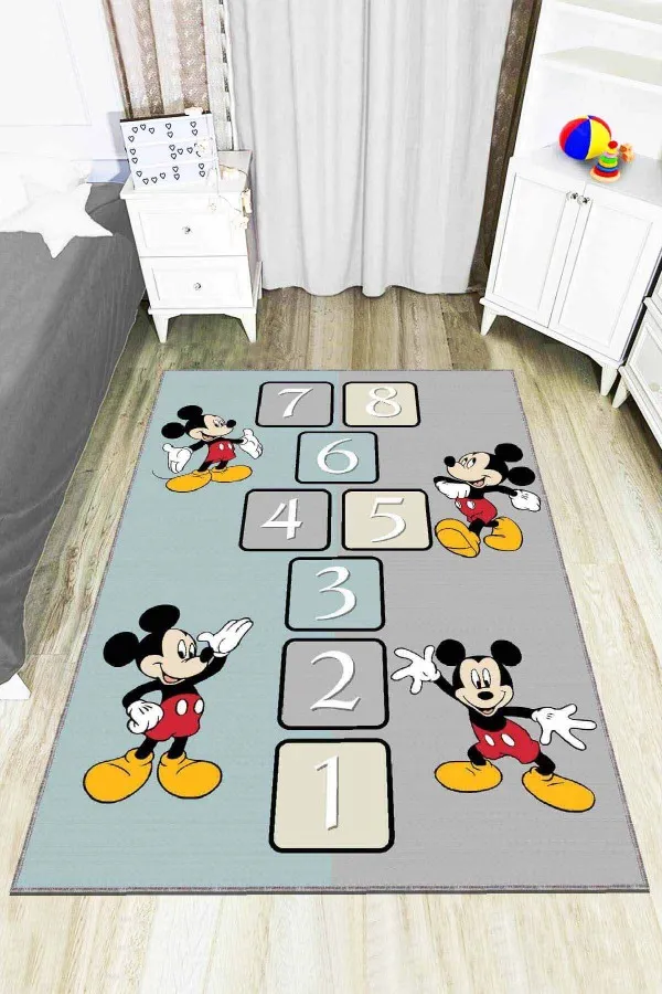 Çoçuk Odası Halı Fiyatları Turkuaz Kaymaz Tabanlı Yıkanır Miki Mouse Çocuk Halısı AR791