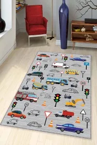 Gri Kaymaz Tabanlı Yıkanabilir Arabalı Çocuk Halısı CK030