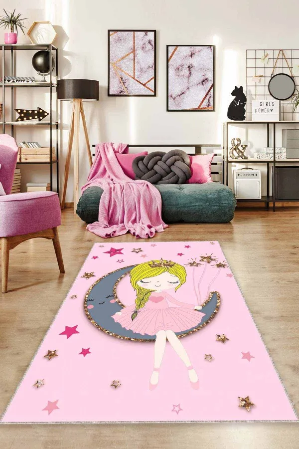 Pembe Çocuk Odası Halısı Pembe Kaymaz Tabanlı Aya Oturan Kız Çocuk Halısı CK050