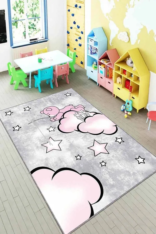 Kız Çocuk Halı Modelleri Pembe Kaymaz Tabanlı Yıkanabilir Ayıcıklı Çocuk Halısı KD023