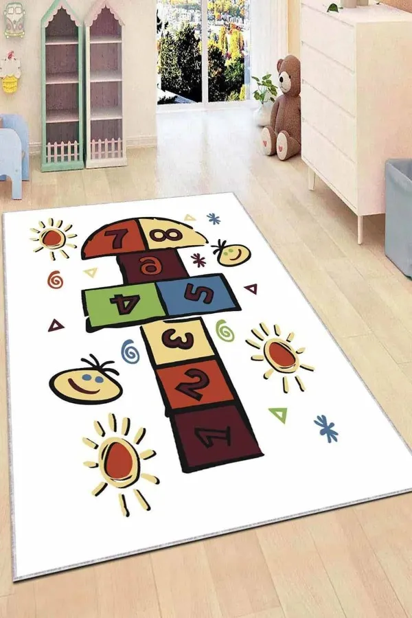 Seksek Desenli Halı Çok Renkli Kaymaz Tabanlı Seksekli Çocuk Halısı KD064