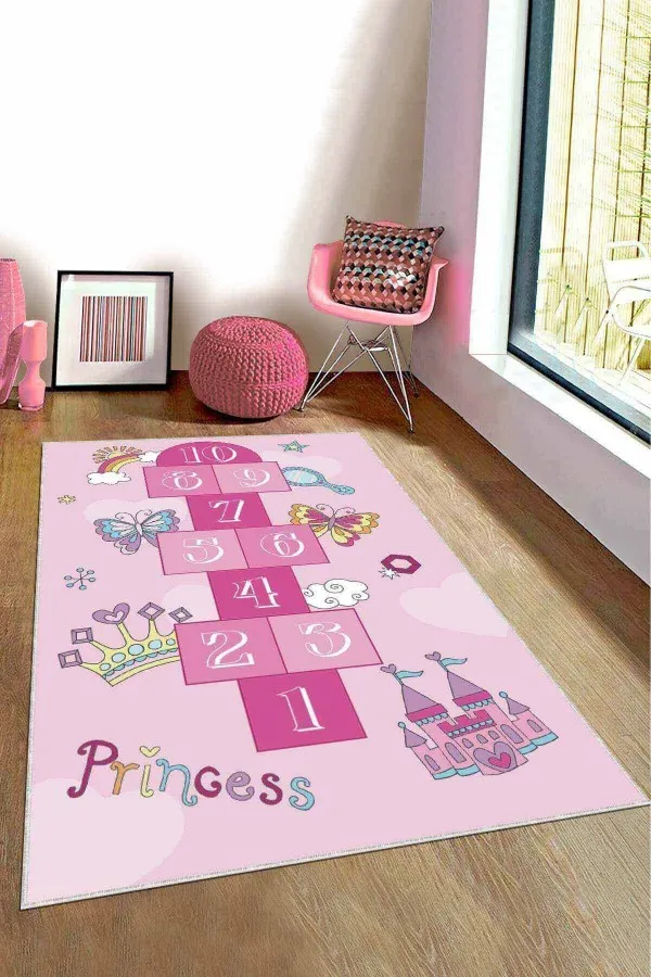 Seksek Çocuk Halısı Pembe Kaymaz Tabanlı Seksekli Oyun Halısı Çocuk Halısı KD065