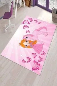 Pembe Kaymaz Tabanlı Unicorn Prensesli Çocuk Halısı KD076