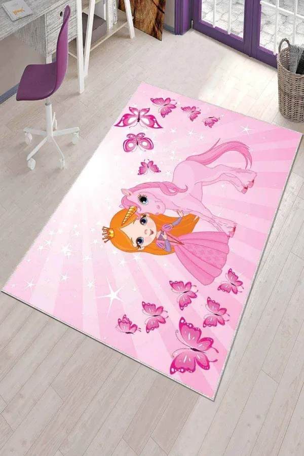 Unicorn Çocuk Halısı Pembe Kaymaz Tabanlı Unicorn Prensesli Çocuk Halısı KD076