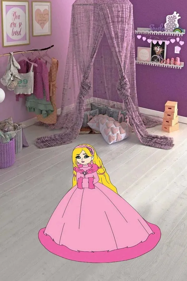 Pembe Çocuk Halısı Pembe Kaymaz Taban Prensesli Lazer Kesim Çocuk Halısı KD091