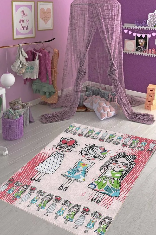 Pembe Çocuk Halısı Pembe Kaymaz Tabanlı Yıkanan Prensesli Çocuk Halısı KD112