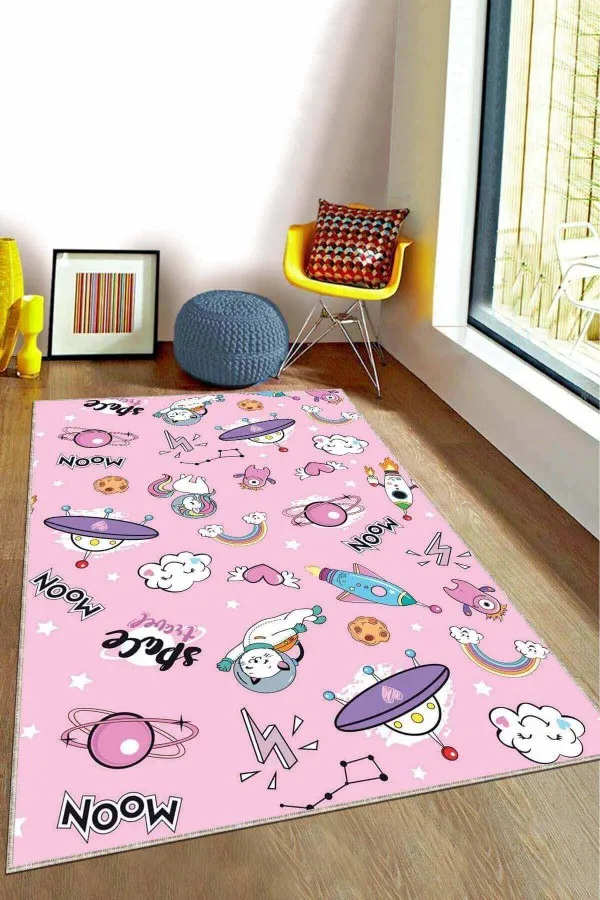 Kız Çocuk Odası Halı Modelleri Pembe Kaymaz Tabanlı Yıkanır Uzay Temalı Çocuk Halısı KD119