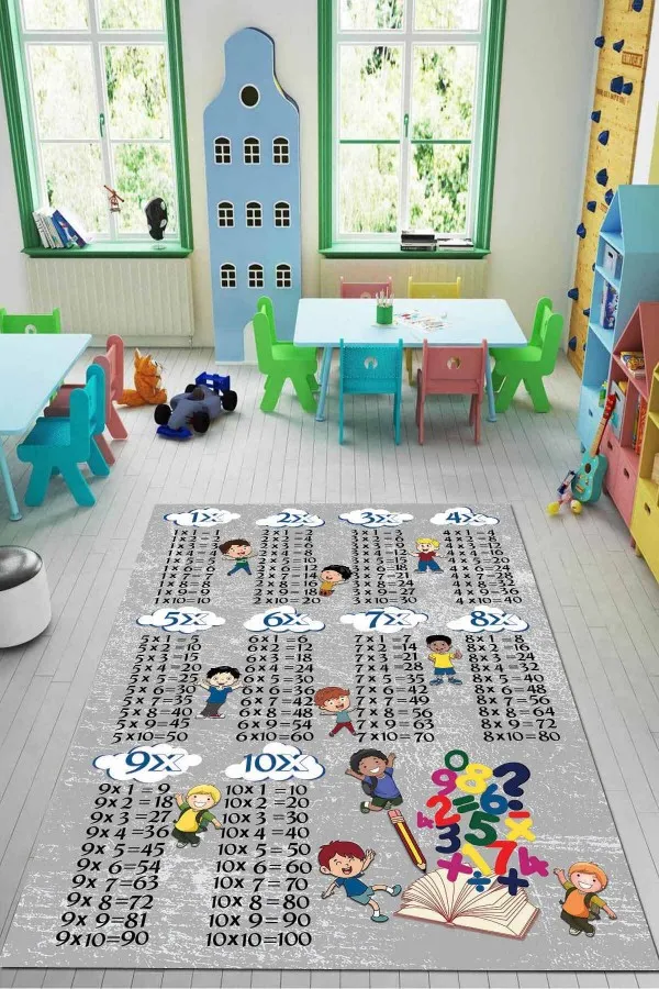 Eğitici Oyun Halısı Gri Kaymaz Tabanlı Çarpım Tablolu Eğitici Çocuk Halısı KD124